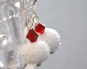 White Sugared Earrings, Bumpy Lampwork Glass, Red Swarovski Crystal, snowball earrings