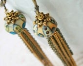 Bronze Tassel Earrings with gold plated and antiqued pewter chain tassels and handblown glass beads