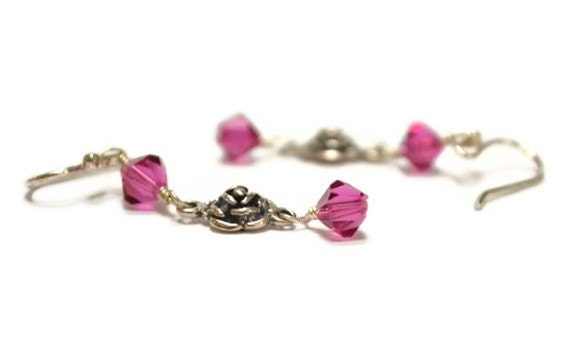 Fuchsia Earrings, Silver Earrings Sterling Silver Rose Charms Fuchsia Crystal Dangle Earrings - Fuchsia Rose