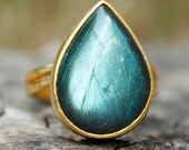 Gold Green Blue  Labradorite Ring - Teardrop - Adjustable, The Northern Lights