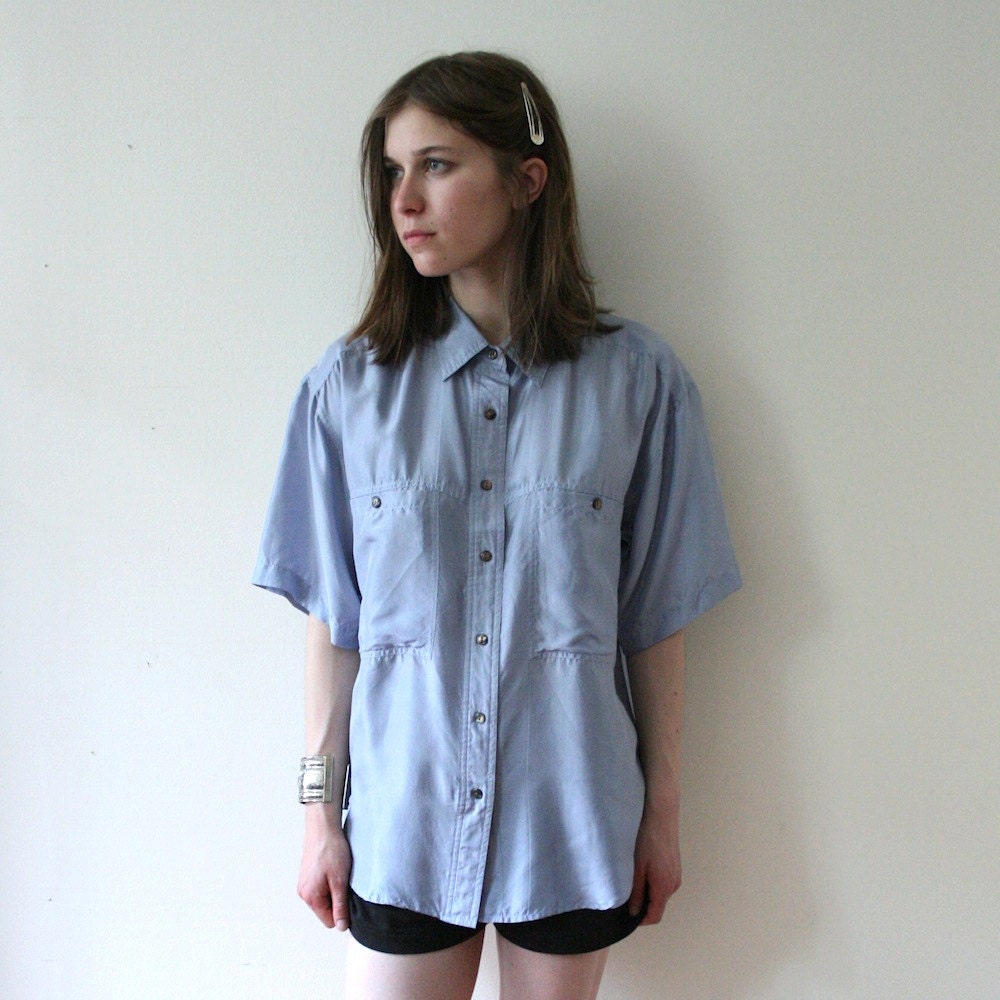 Vintage 80s Unisex Silk Slate Blue Shirt