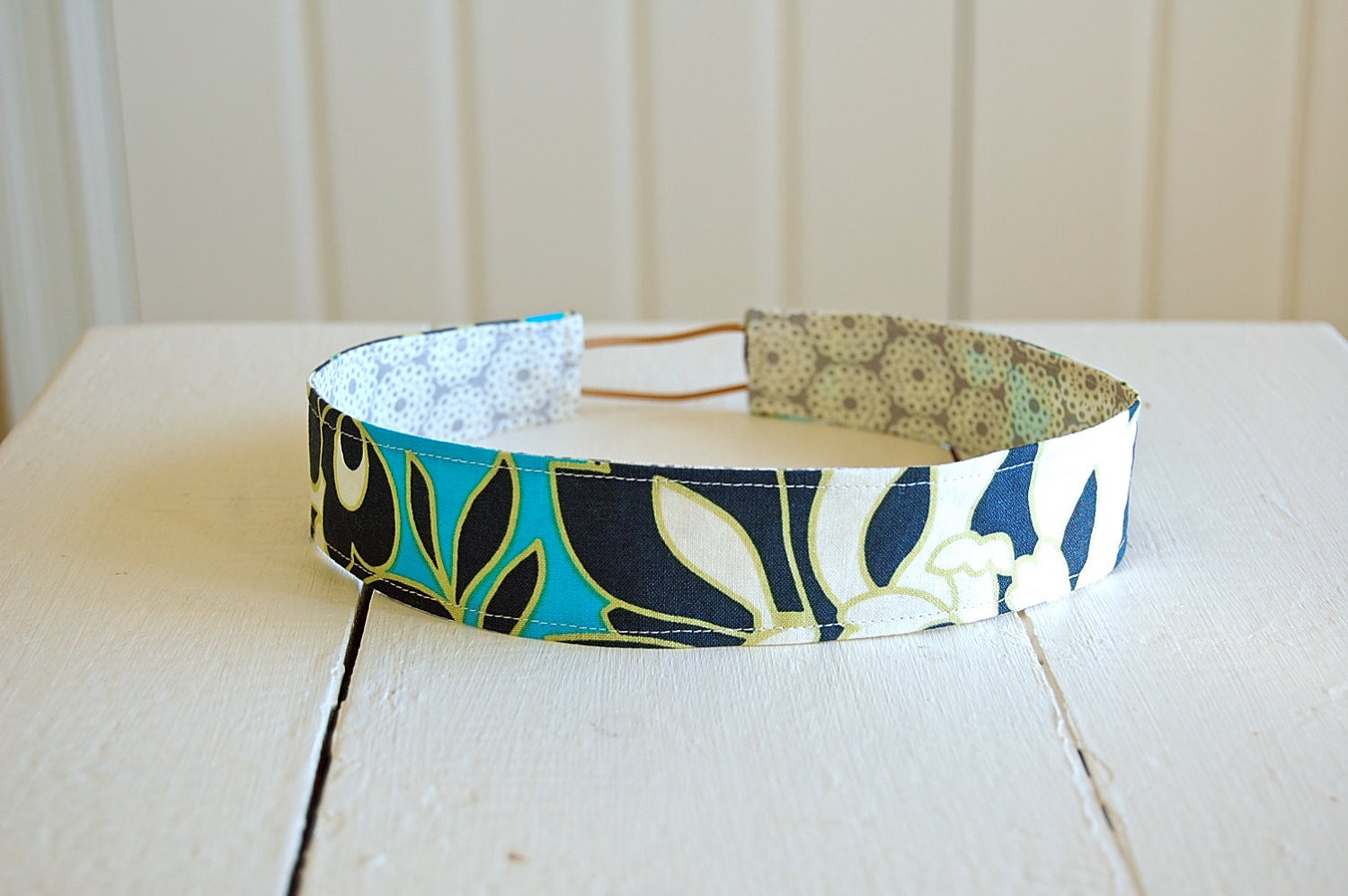 Handmade Fabric Reversible "Skinny" Headband - Gray and Cream Lacework with Navy, Cream and Turquoise Abstract Leaves
