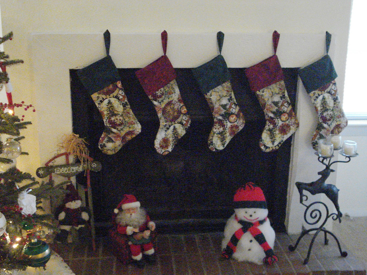 Cranberry Red, Green, and  Gold Quilted Christmas Stocking with cranberry cuff