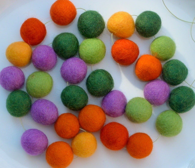 Lavender and Cosmos Garland -- felt ball garland in vibrant garden colors  -- orange yellow purple green -  5.5 feet long