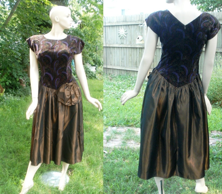 80's Prom Dress by Donna Morgan with Paisley Bodice in Rich Colors and Bronze Skirt Estimated Size 10