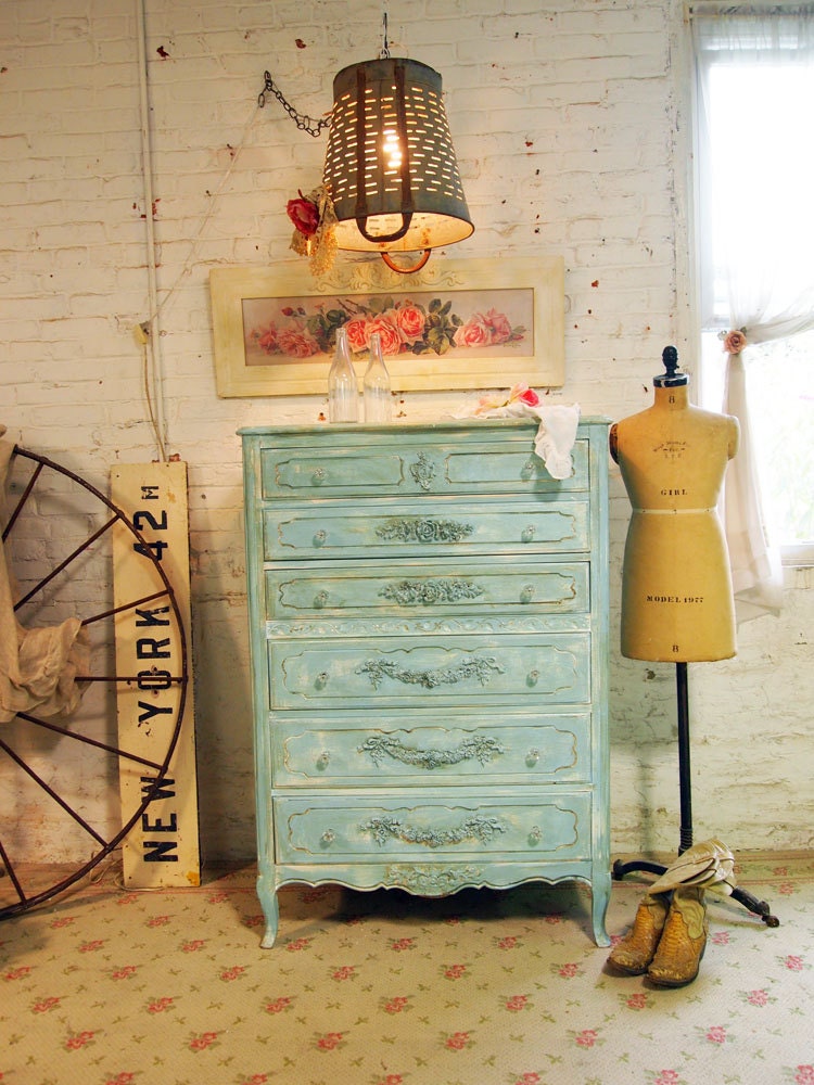 Painted Cottage Chic Shabby Aqua Dresser French Dresser CH366