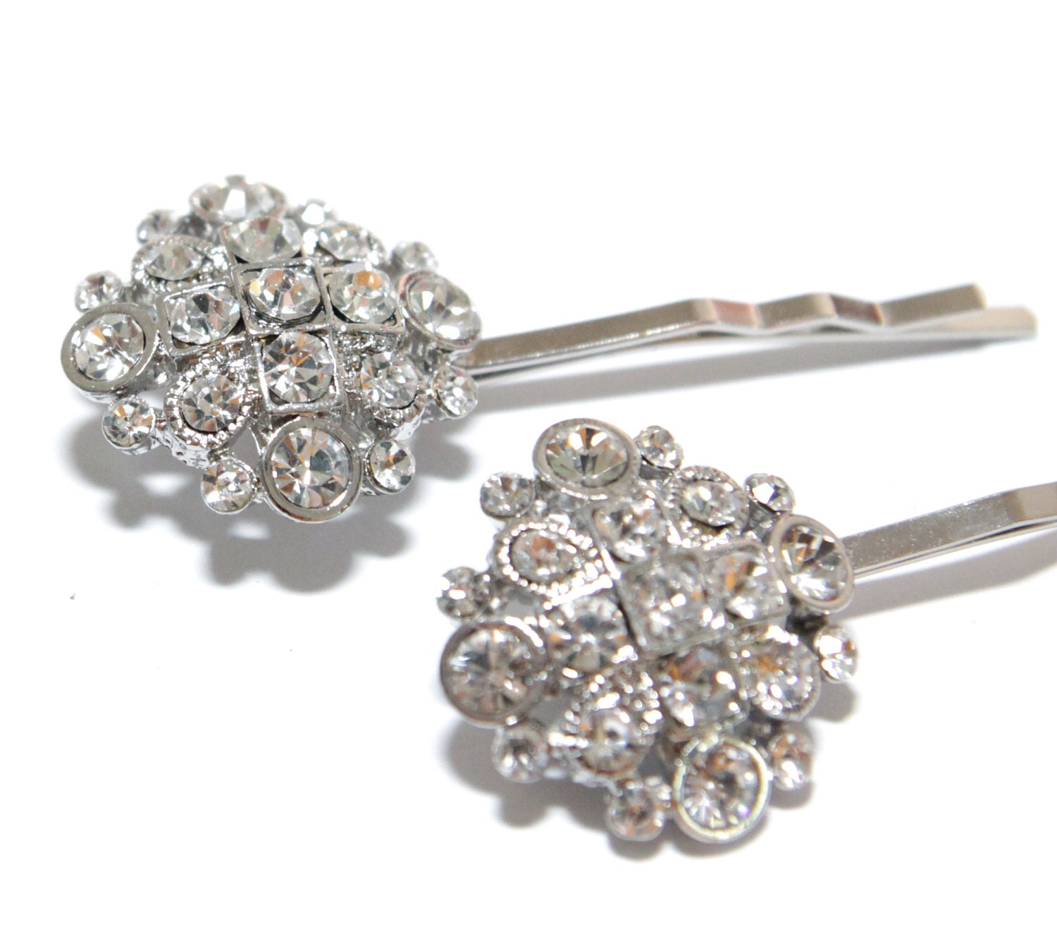 Set of (2) - Dream - Wedding Hair Pins, Bridal Accessories, Silver, Rhinestones, Crystal, Vintage Style, Hair Pins, Rounded Square