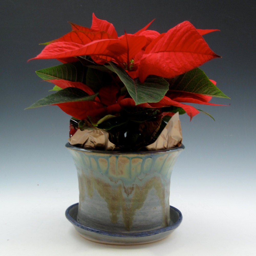 Planter with Attached Saucer in Slate Blue