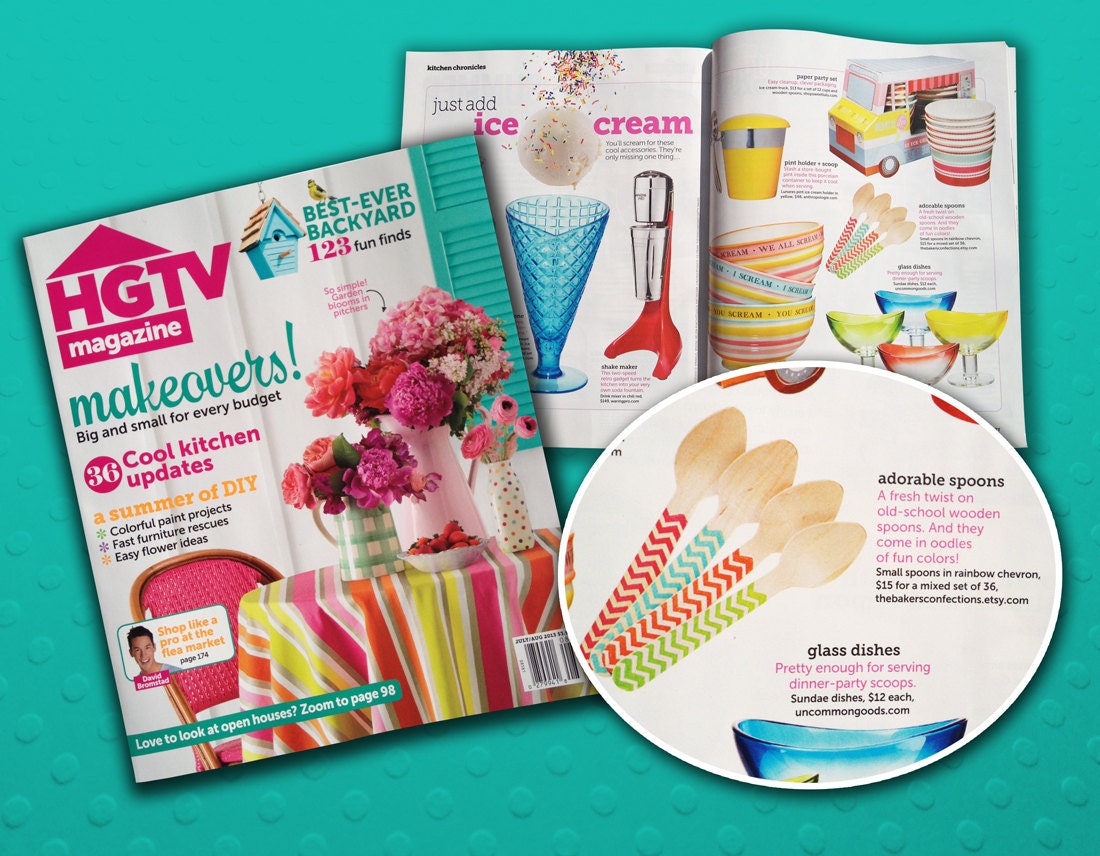 SALE Chevron Small Wooden Spoons in Girls Rainbow Colors - Seen in HGTV Magazine (set of 36) Featured in July-Aug Issue