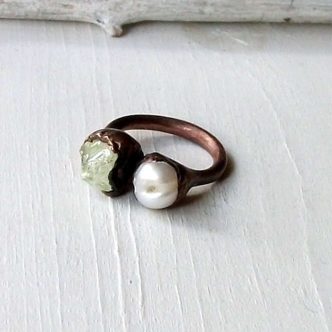 Aquamarine Pearl Copper Ring Pale Blue Cream June March Birthstone Artisan Handmade