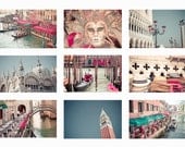 Venice Italy photography, set of 9 prints 5x7- italy photography prints art, mask, St Mark, gondola water pink blue