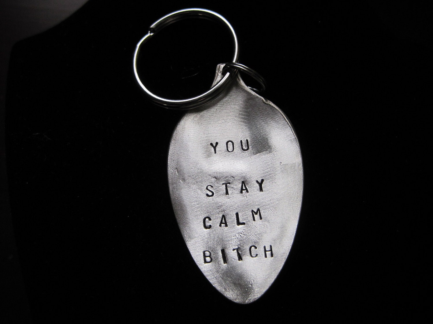 adult humor keychain, stay calm  funny vintage silverplate spoon