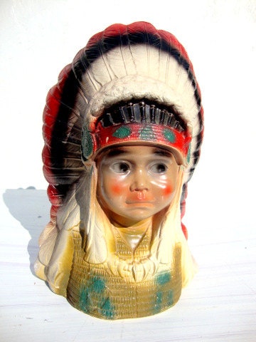 Vintage 60s Kitsch Indian Chief Chalkware Bank