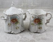 Vintage White Porcelain Floral Creamer and Sugar Set with Star Marking