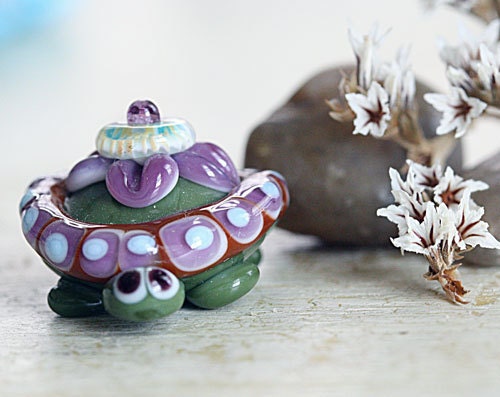 Firebugbeads Lampwork Bead - Funky Town Turtle Flower Power Pearl