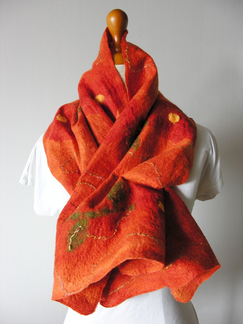 NUNO felted scarf  in Autumn colors- oranges and greens. - DiSeta