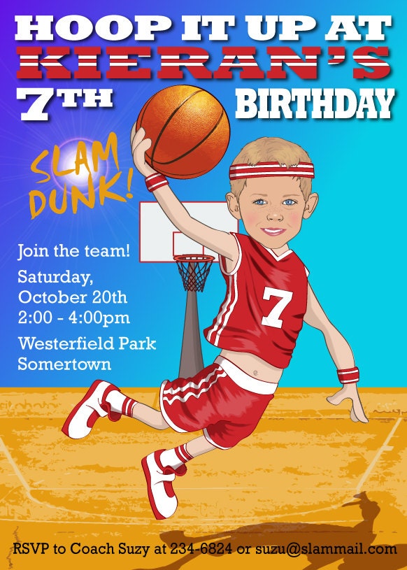 Basketball Birthday Party Invitation - Illustrated from your photo DIGITAL FILE