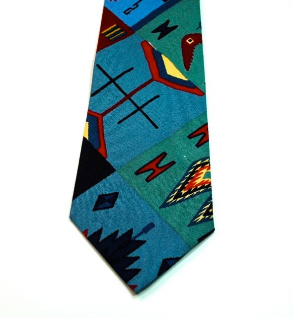 Tribal Blue Mens Neckties - Cotton Neckties, Custom Neckties, Groomsmen Neckties, Red and Cream Neckties