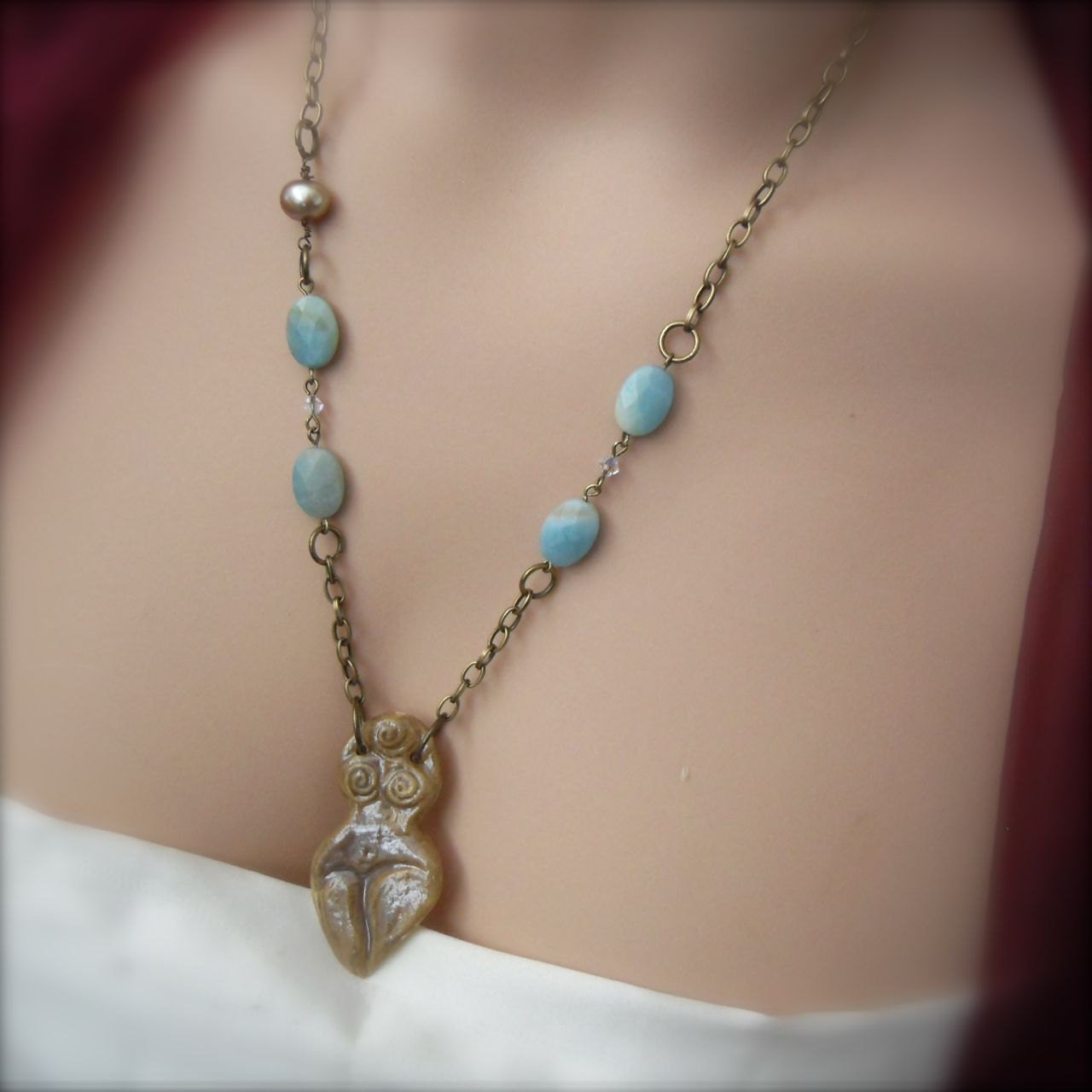 Gemstone Necklace Amazonite Bead Necklace with Ceramic Goddess Blue Turquoise Pendant Jewelry - Feminine Energy