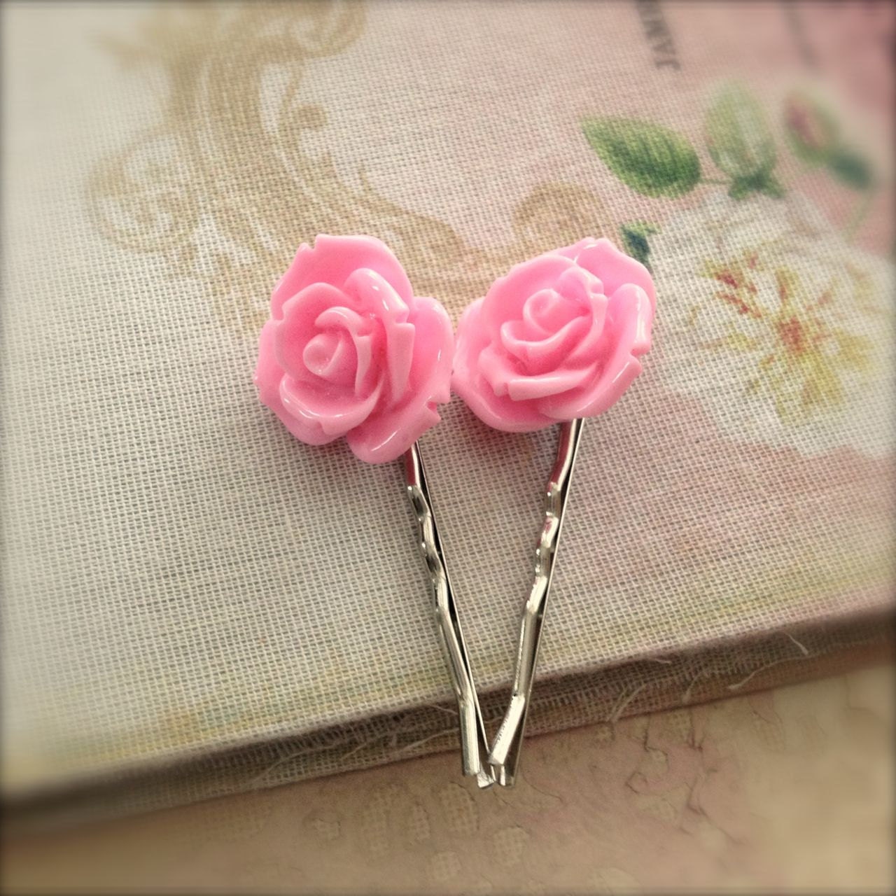 Pink Flower Bobby Pins Tea Rose Hair Grips Pair - Summer Sale