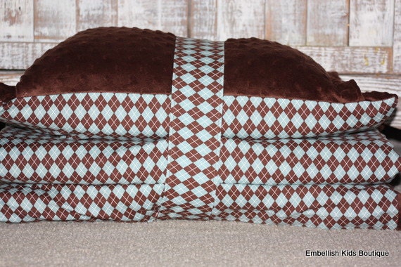 Kinder Nap Mat Cover -Blue/Brown Argyle and Brown Minky - Ready To Ship