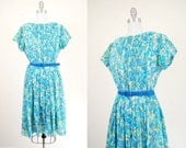 1950s cotton voile blue floral dress / medium large