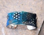 Genuine Blue Peacock and Spotted Black and White Guinea Hen Feather and Cuff - Mini 1 inch