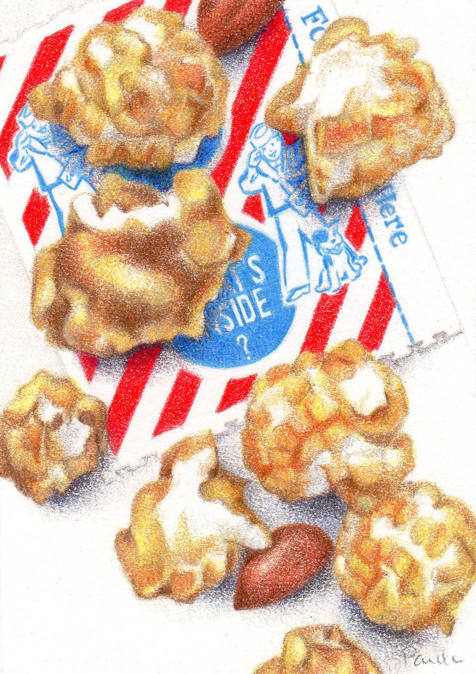 Cracker Jacks - PRINT of original colored pencil drawing - American Candy - Caramel Corn Candy - Realistic Food Art