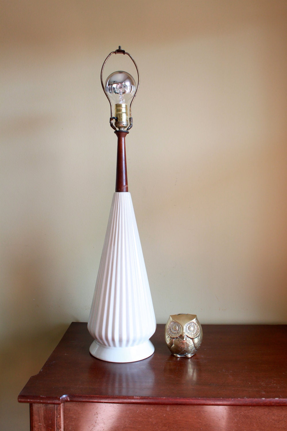 RESERVED for michaeldobson Mid Century Modern Retro White Table Lamp - Ceramic and Teak Wood