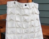 pinch pleated linen bag tote (ivory and blue-grey hand-dyed hemp organic cotton, dark brown leather)