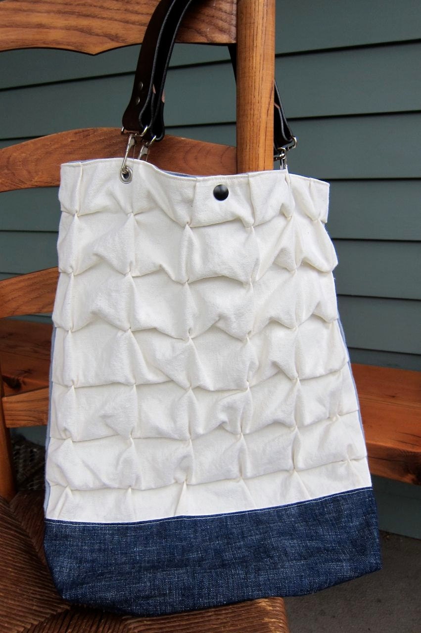 pinch pleated linen bag tote (ivory and blue-grey hand-dyed hemp organic cotton, dark brown leather)