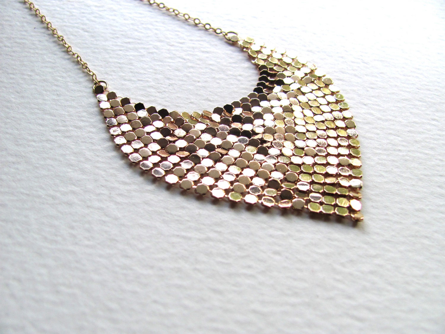 Gold sequin bib necklace, vintage inspired, sparkling mesh triangle pendant on 14k gold plate chain, statement necklace