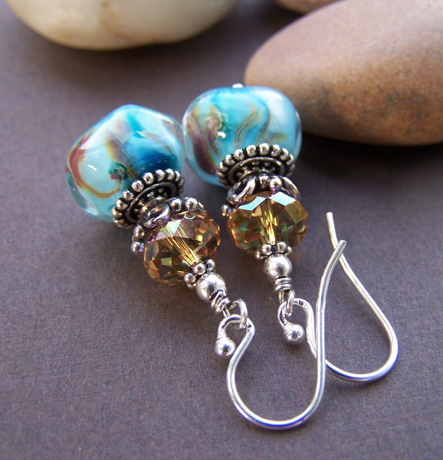 Big Sur Earrings - Lampwork Glass with Swarovski Crystal and Sterling Silver Earrings