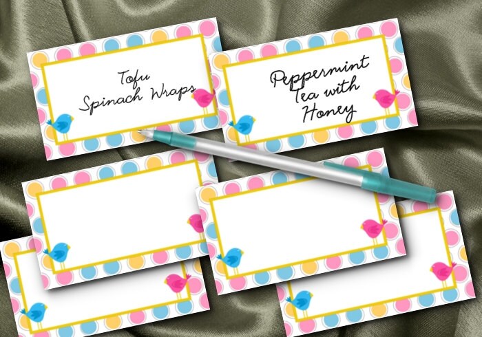 10 Place Cards, Food Label Cards, Baby Gender Reveal Party, Blue, Pink, Birds Il_570xn