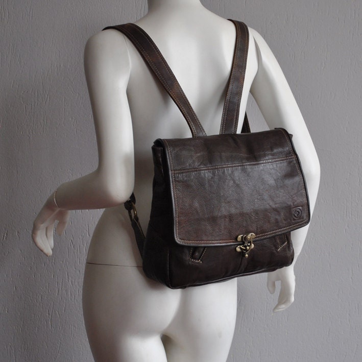 Lovely dark brown backpack with laptop division, UPCYCLED LEATHER