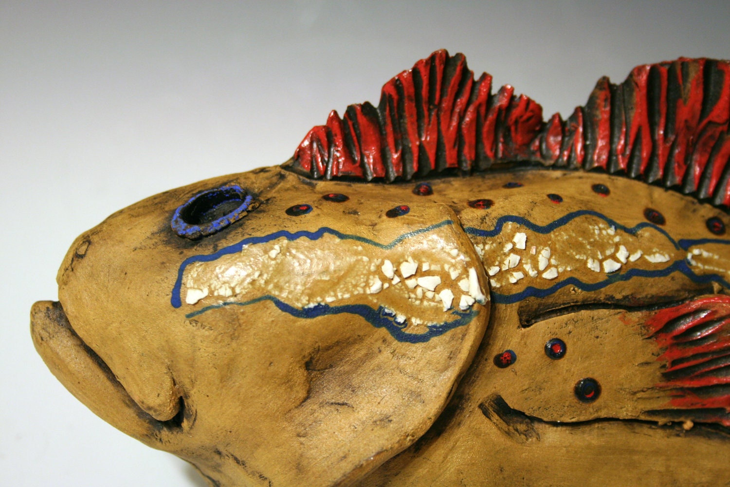 Hand Made yellow and red Ceramic Fish decorative sea life art wall hanging sculpture