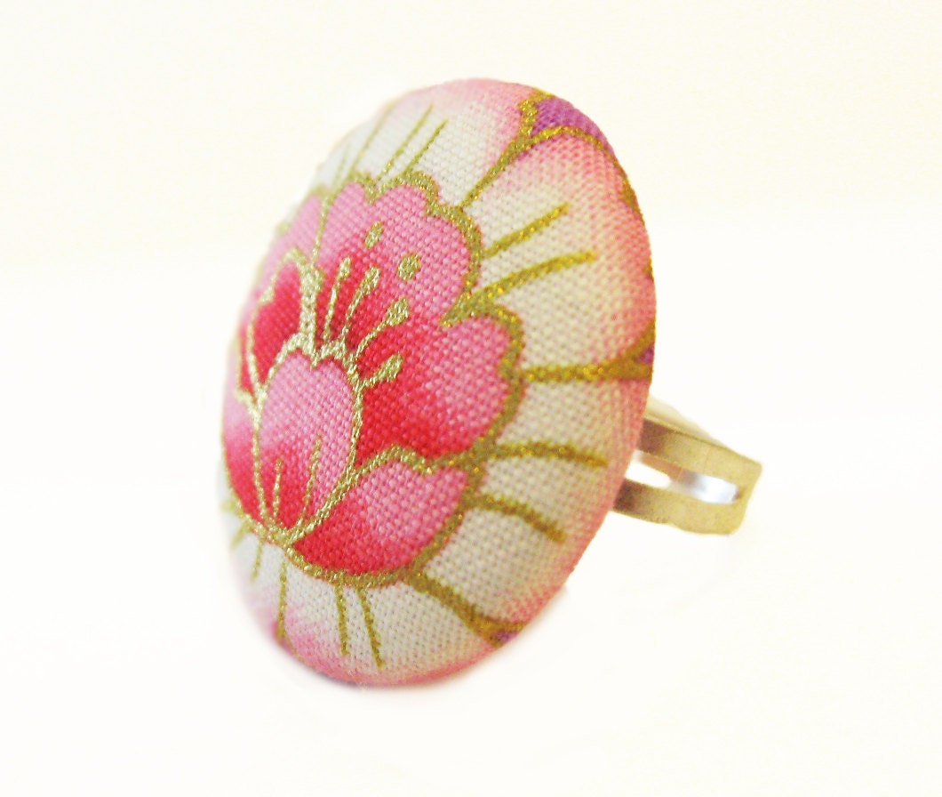 Handmade Fabric Ring - Asian Inspired Pink Lotus Flower