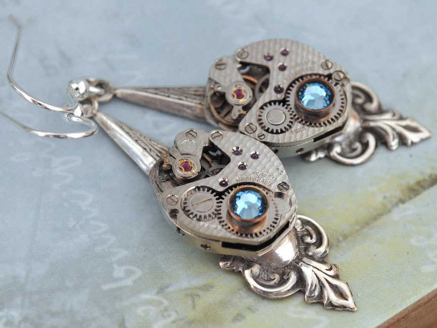 THE VICTORIAN DAGGER steampunk vintage watch movements antique silver dagger earrings with  Swarovski rhinestones