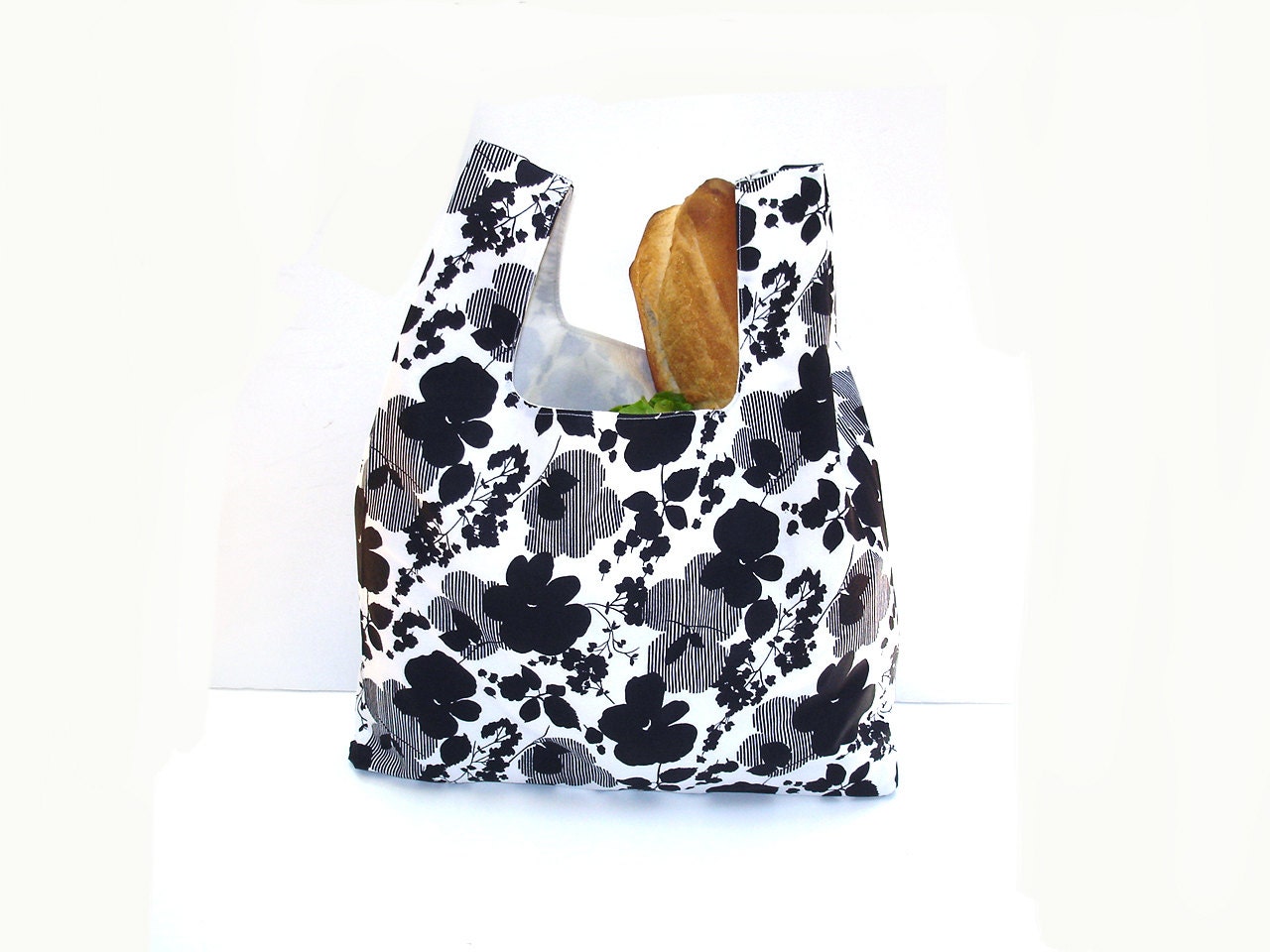 Shopping tote bag, reusable market carry all, ecofriendly, black white floral