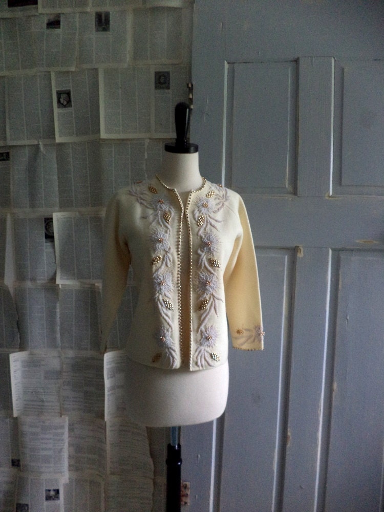1960s Beaded Sweater, Vintage Beaded Sweater, Beaded Cardigan, Size Small