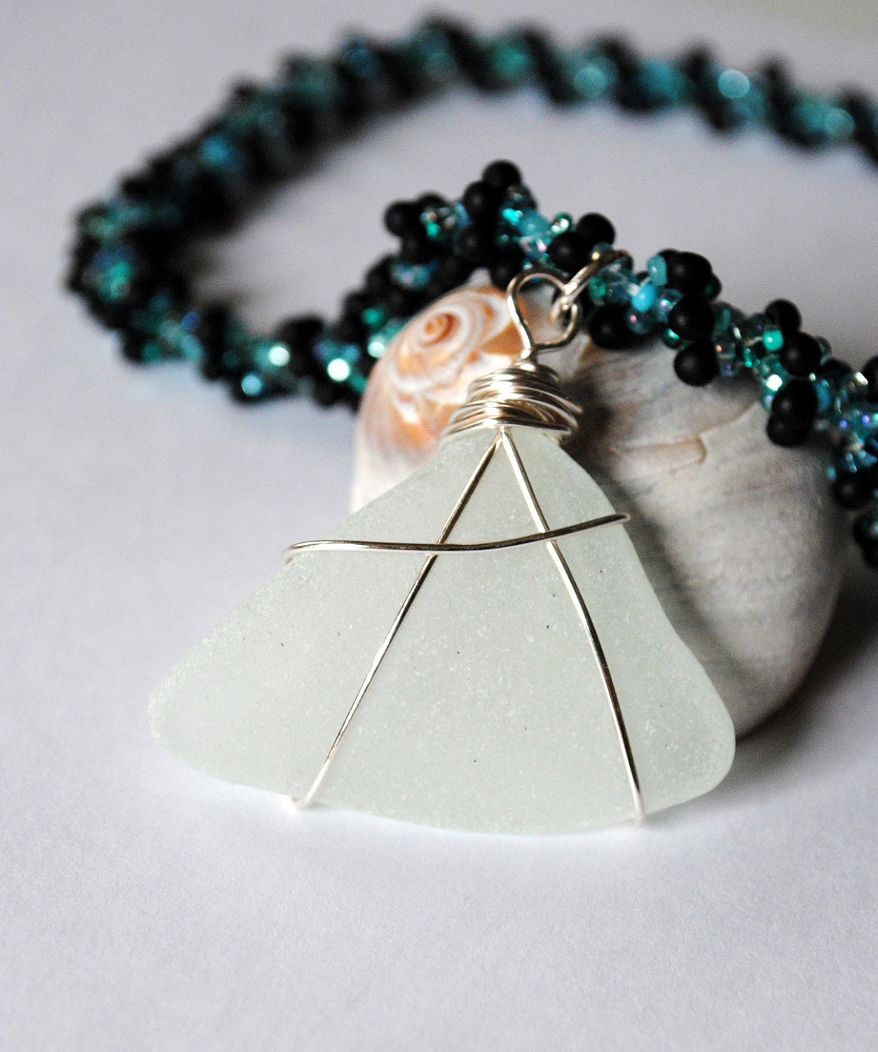 Sea Glass Necklace, Spiral Beaded Necklace, Beach Blues