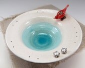 Red bird earring bowl, ceramic jewelry dish, love bird art glass, pottery stud pairs holder