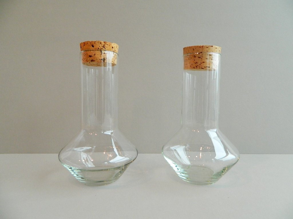 SALE:  Pair of Modern Wide Mouth Glass Decanters with Cork