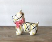 Ceramic Scottie Dog Planter Plaid Pink Bow