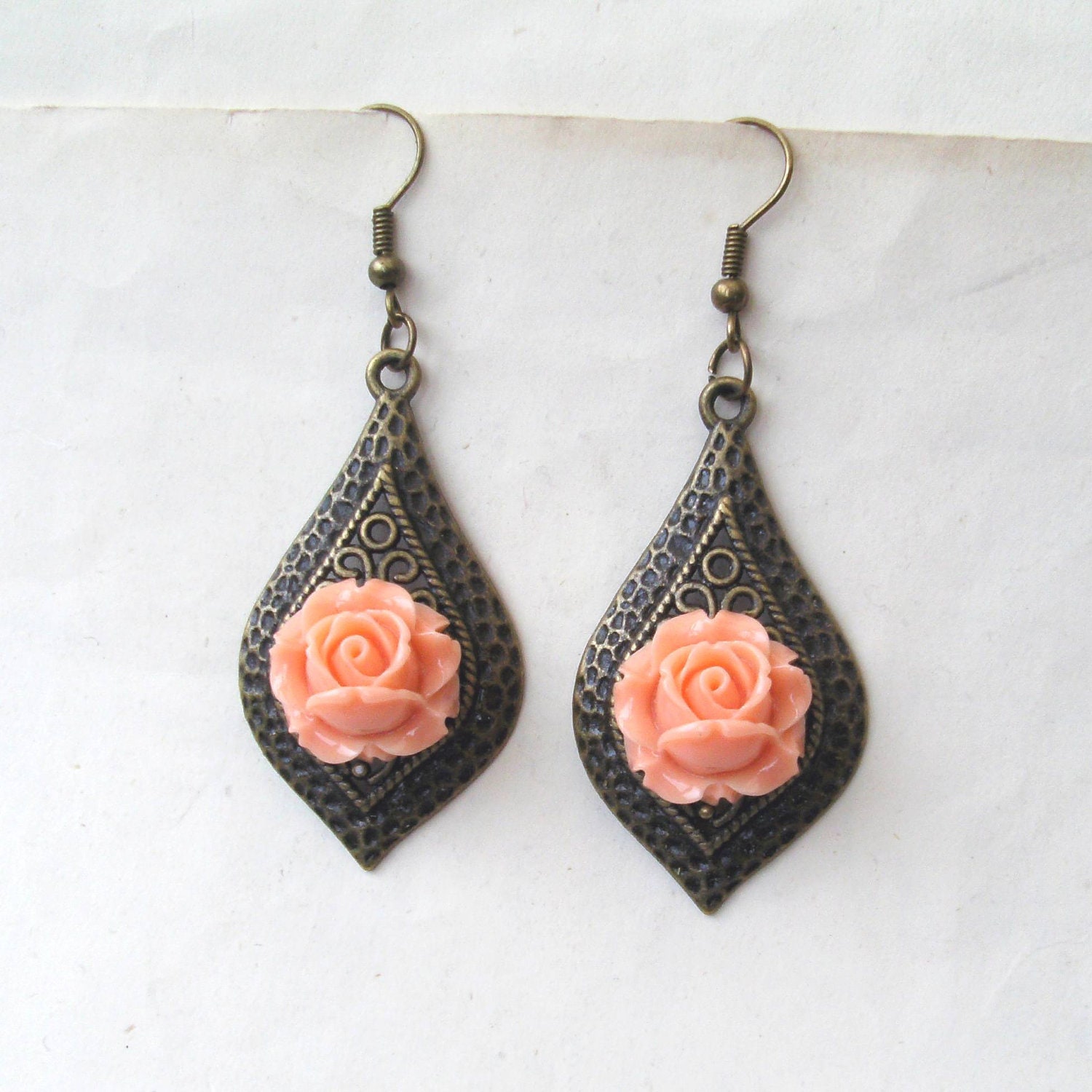 Peach Earrings, Filigree Dangle Earrings in Antiqued Brass, Rose Earrings, Flower Earrings