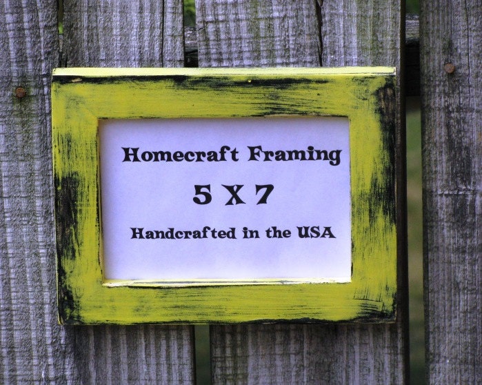 5X7 Picture Frame Distressed Yellow Black Frame Country Primitive Wooden