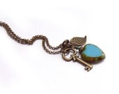 Bronze Charm Necklace, Antiqued Skeleton Key, Picasso Czech Glass Heart, Bronze Leaf, Victorian Style