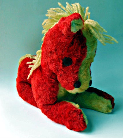 Rare Retro 1940s Pony Toy by Gund - Vintage Yellow and Red Colt Foal Baby Horse Stuffed Animal - Nostalgic Antique Nursery Room Home Decor