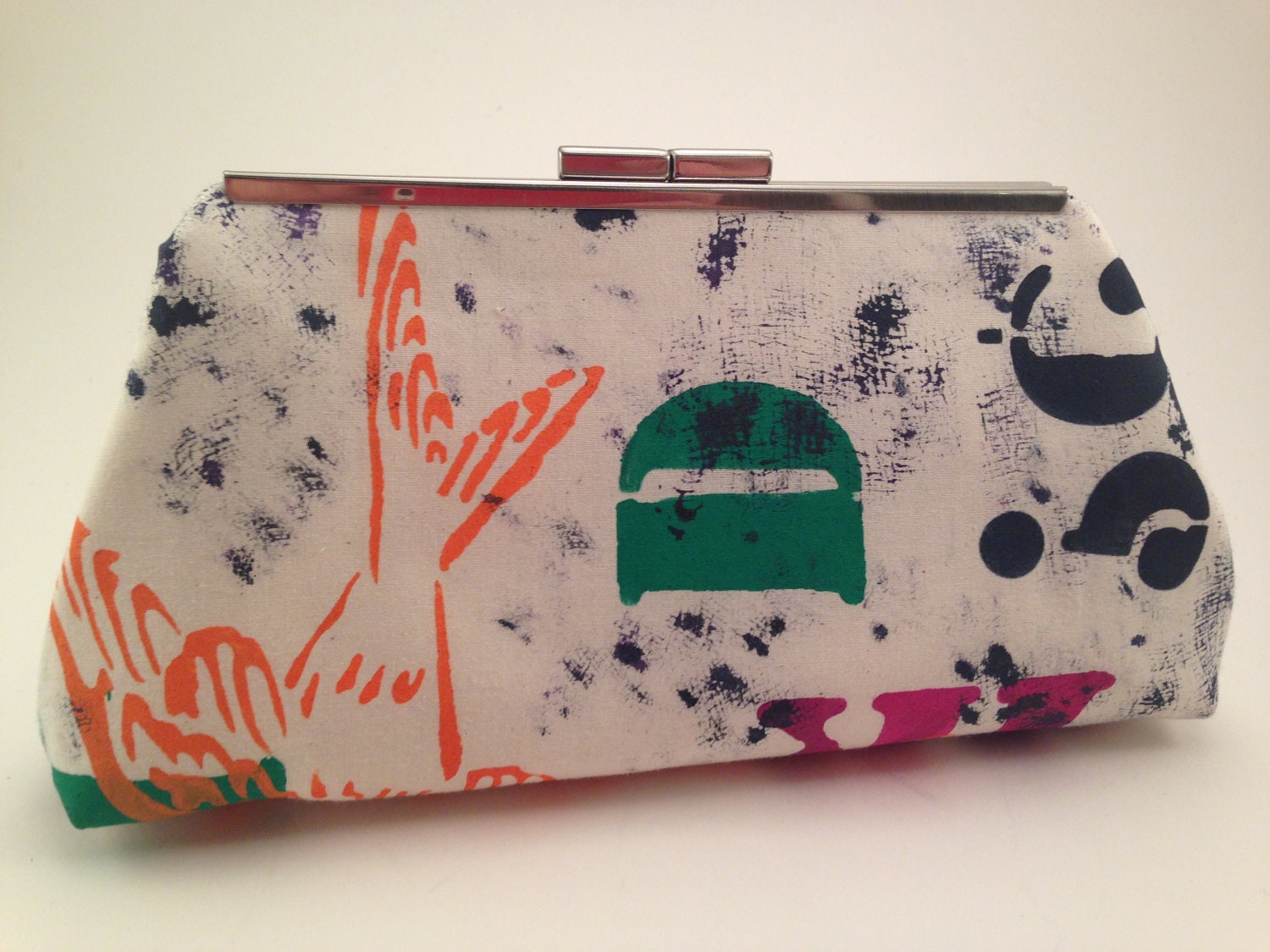 Handprinted, Original fabric, Clutch Handbag Purse in Hot Pink, Green, Navy Blue and Orange