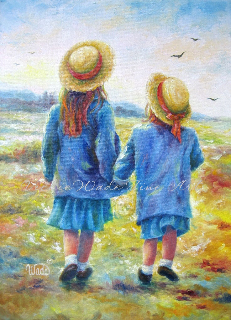 Two Sisters Print, school girls, two sisters, prints, paintings, best friends, girlfriends, blue, yellow